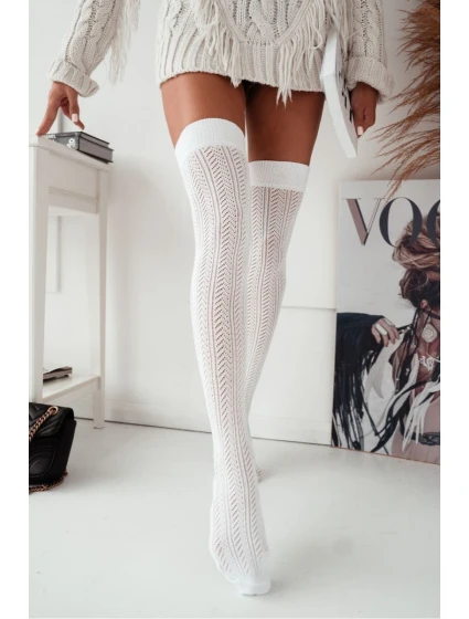 Zakolanówki Damskie Ażurowe Jodełka Białe