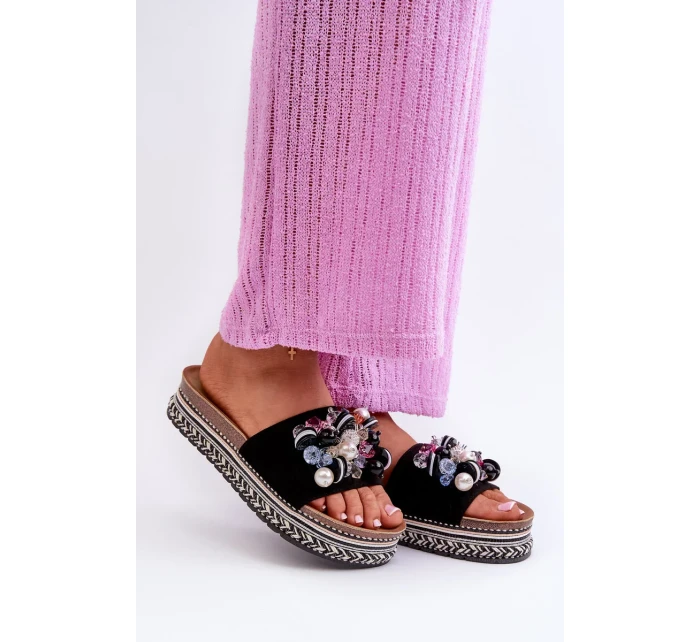 Dámske papuče na platforme s ozdobami S.Barski čierne