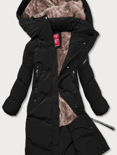 Dlhá čierna dámska zimná bunda s kožušinovou podšívkou (2M-011)