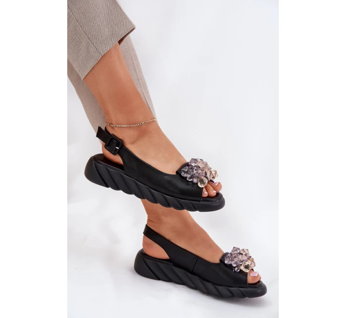 Skórzane Sandały Damskie Z Kryształkami Artiker 54C1628 Czarne
