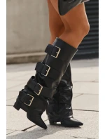 Kozaki Damskie Na Słupku Z Wywiniętą Cholewką I Złotymi Klamrami Czarne Isavelle Kozaki Damskie Na Słupku Z Wywiniętą Cholewką I Złotymi Klamrami Czarne Isavelle