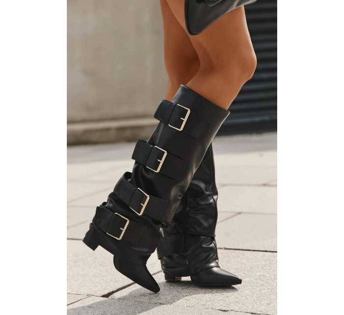 Kozaki Damskie Na Słupku Z Wywiniętą Cholewką I Złotymi Klamrami Czarne Isavelle Kozaki Damskie Na Słupku Z Wywiniętą Cholewką I Złotymi Klamrami Czarne Isavelle