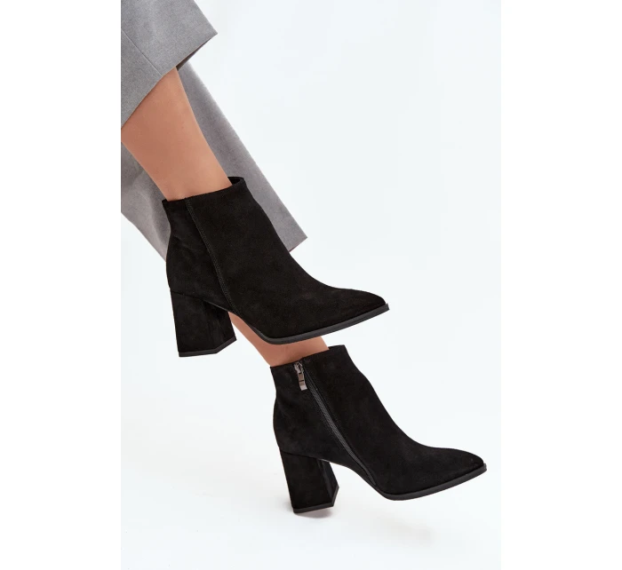 Botki Z Naturalnego Zamszu Obcas Słupek Ocieplane Czarne Zazoo 3128