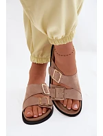 Dámské pantofle z imitace semiše s zlatými přezkami tmavě béžové model 22125537 - Boto