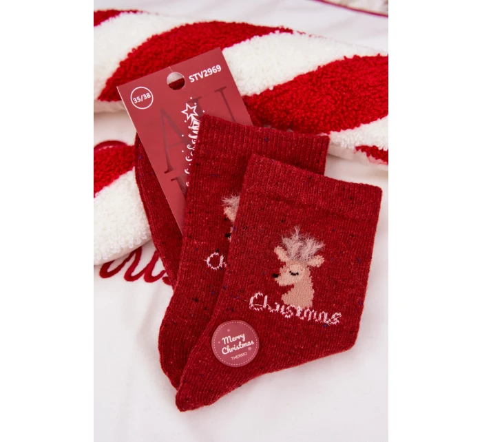 Dámske vianočné ponožky s motívom soba - červené, alpaková vlna Dámske vianočné ponožky s motívom soba - červené, alpaková vlna