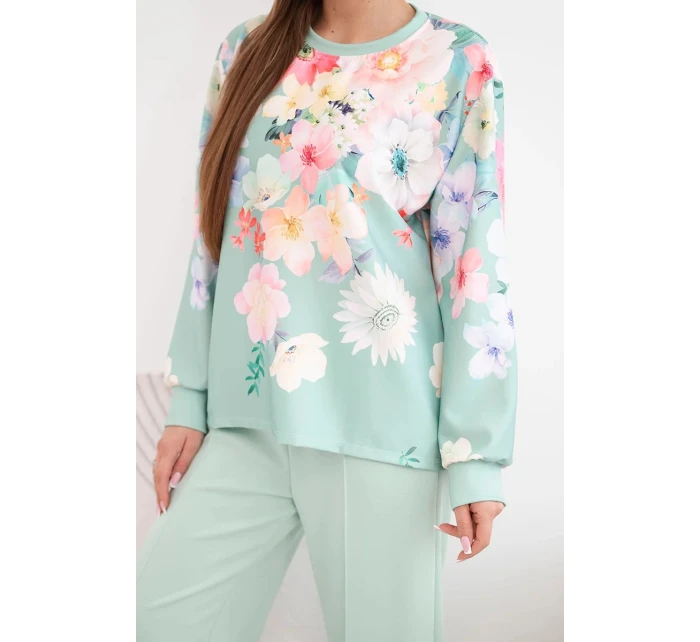 Dámsky maslový viskózový set s kvetmi so širokými nohavicami tmavý mätový
