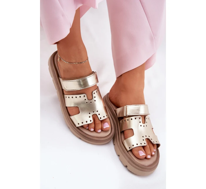 Klapki Damskie Z Naturalnej Skóry Na Platformie Zazoo 40440 Złote