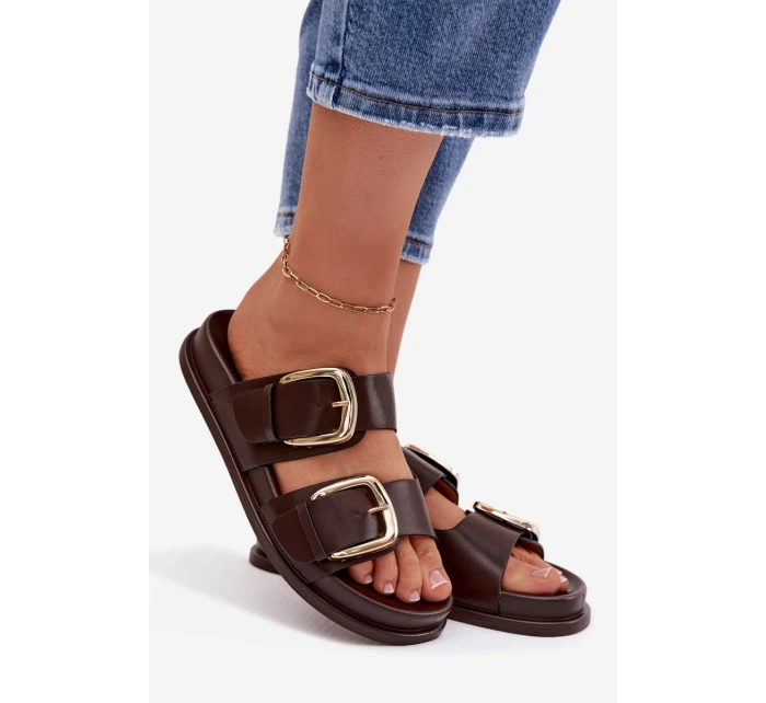 Dámské ekologické kožené pantofle se zlatými sponami Čokoládové Tervessa Dámské ekologické kožené pantofle se zlatými sponami Čokoládové Tervessa