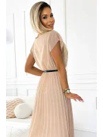 Béžové dámské plisované midi šaty s černým opaskem model 20162133 - numoco basic