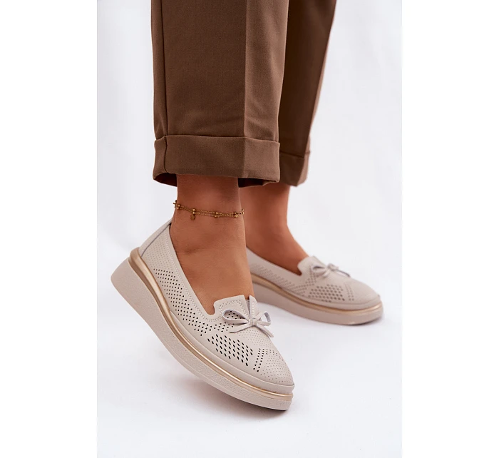 Kožené perforované polobotky na platformě LR61-7043 Béžové