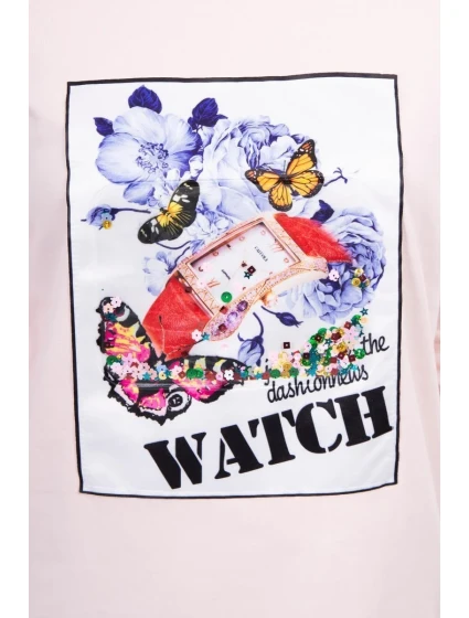 Blúzka s 3D grafikou Watch powder pink
