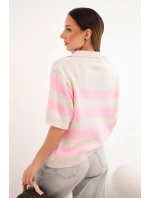 Dámský pruhovaný svetr s límečkem a krátkým rukávem béžový