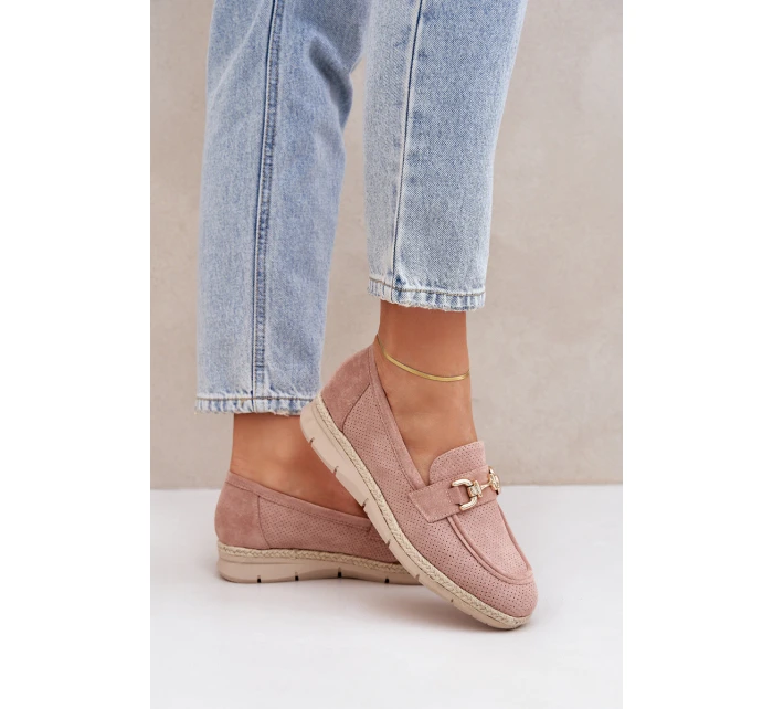 Ażurowe Mokasyny Ze Złotym Detalem I Jutową Plecionką Różowe Lainer