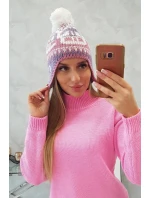 Rosa dámska čiapka s bambulou K368 fialová+biela+tmavoružová