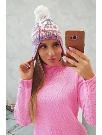 Rosa dámska čiapka s bambulou K368 fialová+biela+tmavoružová
