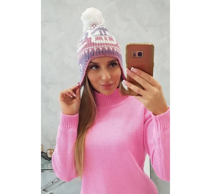 Rosa dámska čiapka s bambulou K368 fialová+biela+tmavoružová