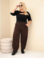 Dámské kalhoty bavlněné Plus Size manšestrové s gumou v pase a kapsami hnědé