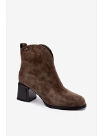 Kožené semišové kotníkové boty na podpatku model 22391083 Khaki - VINCEZA