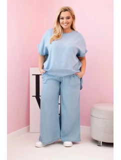 Dámská souprava Plus Size z model 21142682 halenka a kalhoty s vázáním světle džínový - K-Fashion