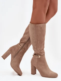 Dámske zateplené čižmy so zlatou prackou na podpätku Seraphine - béžové