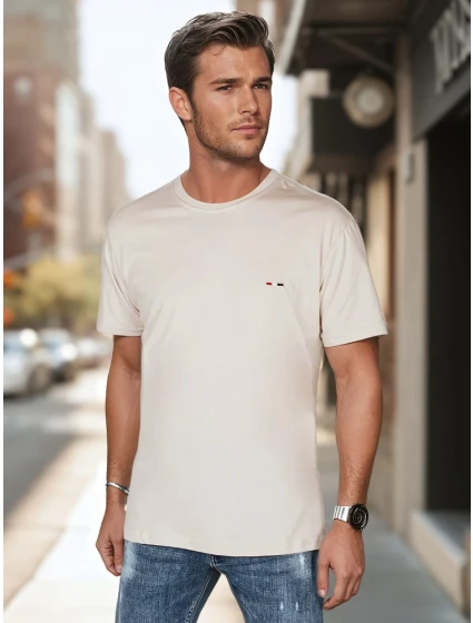 Pánske bavlnené základné tričko s výšivkou cappuccino FashionStreet RX5638 Pánske bavlnené základné tričko s výšivkou cappuccino FashionStreet RX5638