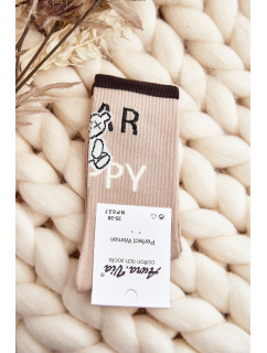Dámske béžové bavlnené ponožky s nápisom a medvedíkom