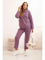 Komplet dámský máslový mikina s kapucí a kalhoty s páskem fialový