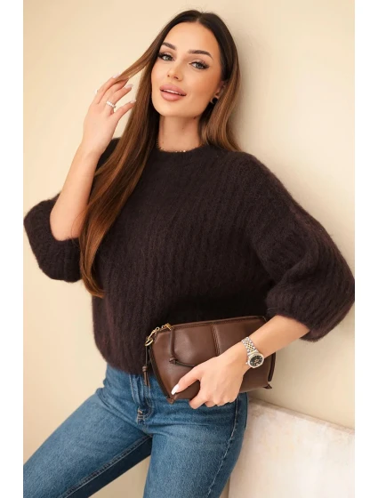 Dámsky mohérový sveter s krátkymi rukávmi hnedý