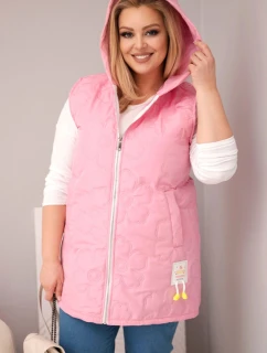Dámske Plus veľkosť vesta s kapucňou s kvetinovým prešívaním svetlo ružová