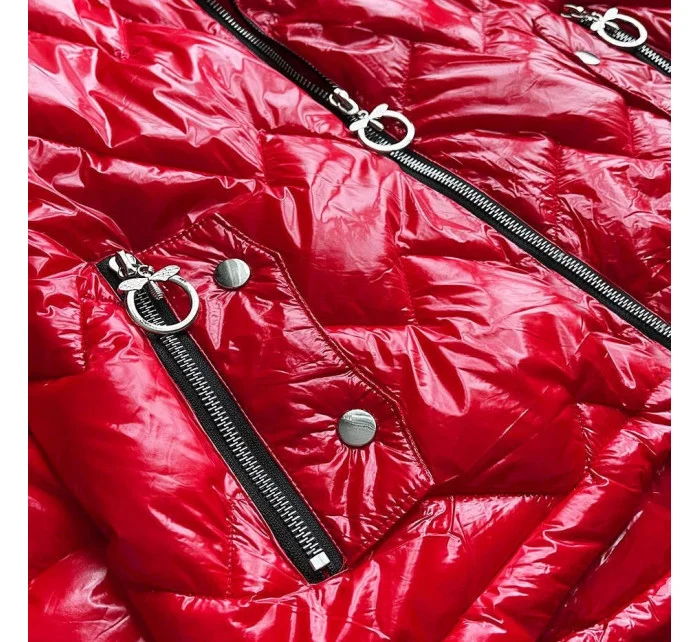 Červená prešívaná dámska bunda s kapucňou (R9562)