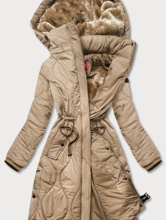 Béžová dámska zimná bunda ku kolenám (M-21601)