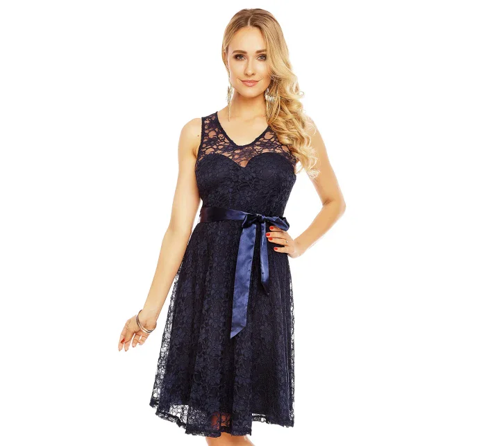 Dámske krajkové šaty na ramienka s opaskom stredne dlhé tmavo modré - Tmavo modrá - MAYAADI Dámske krajkové šaty na ramienka s opaskom stredne dlhé tmavo modré - Tmavo modrá - MAYAADI