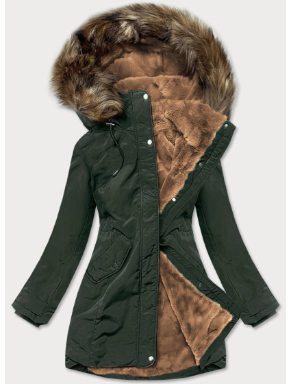 Dámska zimná bunda parka v army farbe s kožušinovou podšívkou (M-21501)