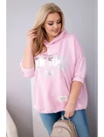 Dámská mikina plus size z viskózy s kapucí a klokaní kapsou světle růžová