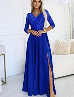 309-12 AMBER elegantné dlhé čipkované šaty s výstrihom - farba CHABRIEL