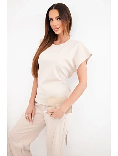 Dámský měkký komplet s halenkou s krátkým rukávem a kalhotami se širokou nohavicí béžový