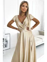 411-7 CRYSTAL saténové dlhé šaty s výstrihom - GOLD