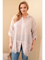 Dámske bavlnené tričko s čipkovaným lemom Plus Size Light Beige