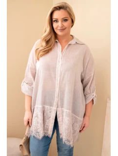 Dámske bavlnené tričko s čipkovaným lemom Plus Size Light Beige