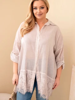 Dámská košile Plus Size bavlněná s krajkovým lemem světle béžová