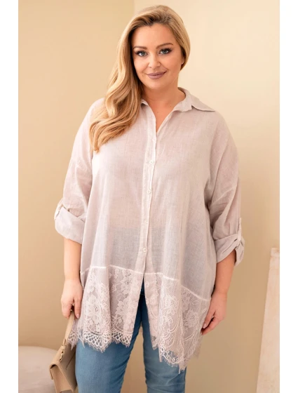 Dámske bavlnené tričko s čipkovaným lemom Plus Size Light Beige