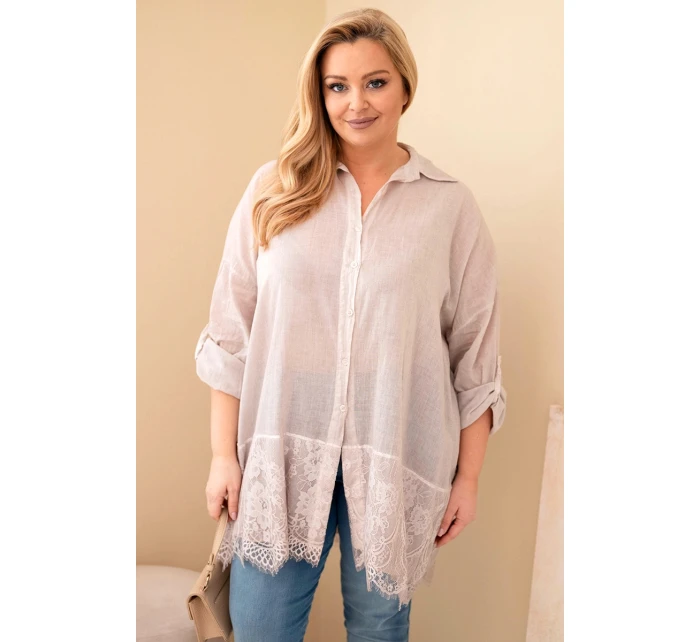Dámske bavlnené tričko s čipkovaným lemom Plus Size Light Beige