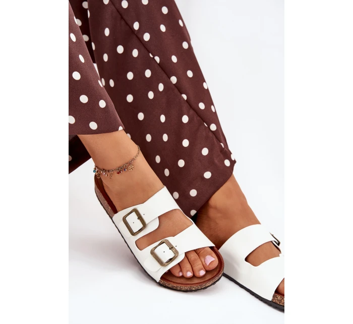 Damskie Klapki Na Korkowej Platformie Z Klamrami Białe Vesina