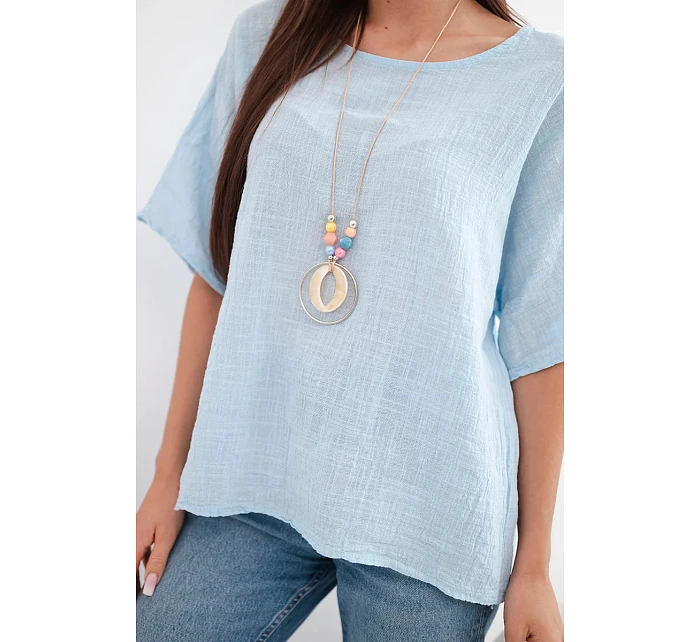 Dámska bavlnená blúzka oversize s krátkymi rukávmi modrá
