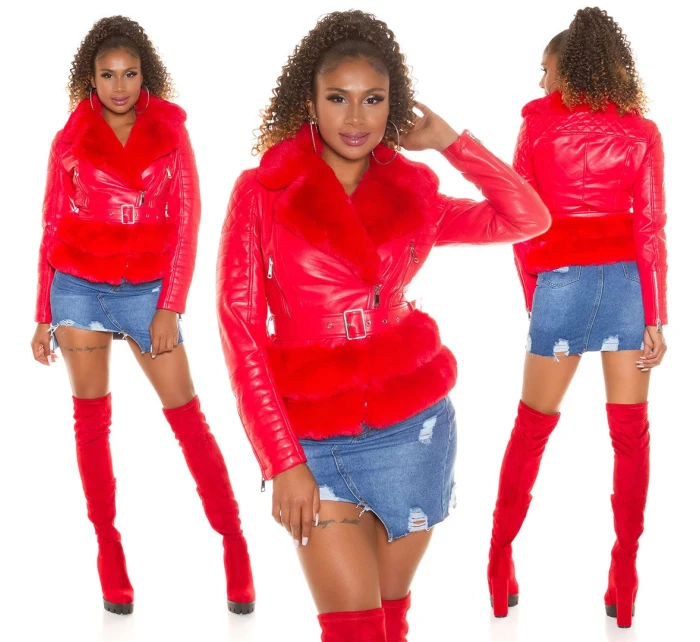 Dámská sexy kožená bunda s kožešinou Červená model 21041666 - In-style Fashion Dámská sexy kožená bunda s kožešinou Červená model 21041666 - In-style Fashion