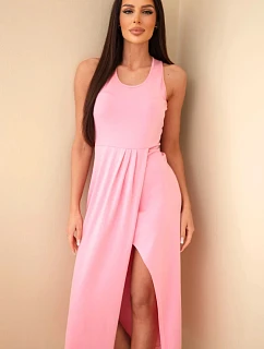 Dámske bavlnené midi šaty bez rukávov s riasením svetlo ružové