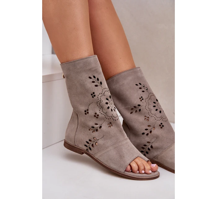 Zazoo 3437 Damskie Zamszowe Sandały Z Cholewką Na Zamek Beżowe