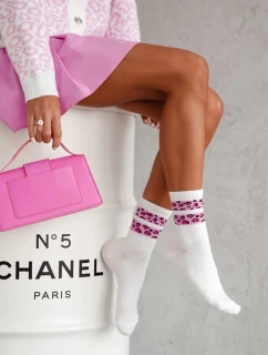 Dámske ponožky s leopardími pruhmi - biele/ružové