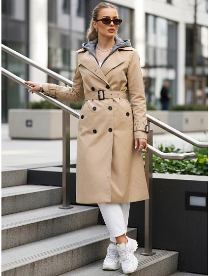 Dámsky dvojradový kabát s kapucňou FashionStreet camel TY5656