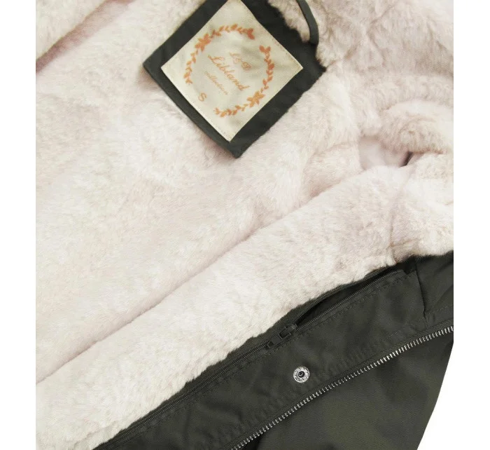 Dámská zimní bunda parka v army barvě s kapucí a odepínací kožešinovou podšívkou model 21242121 - Libland